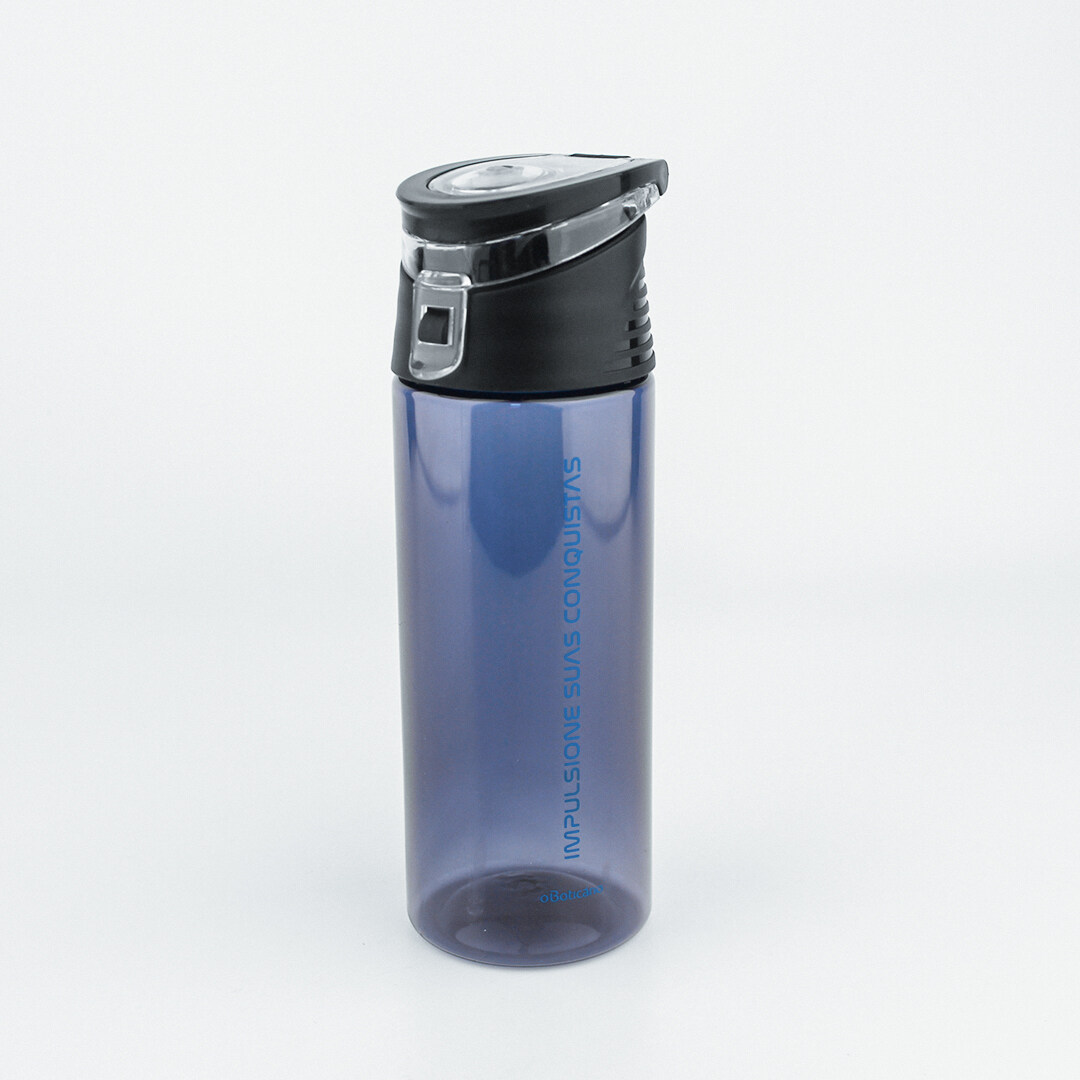 Navy blue plastic water bottle with locked lid
