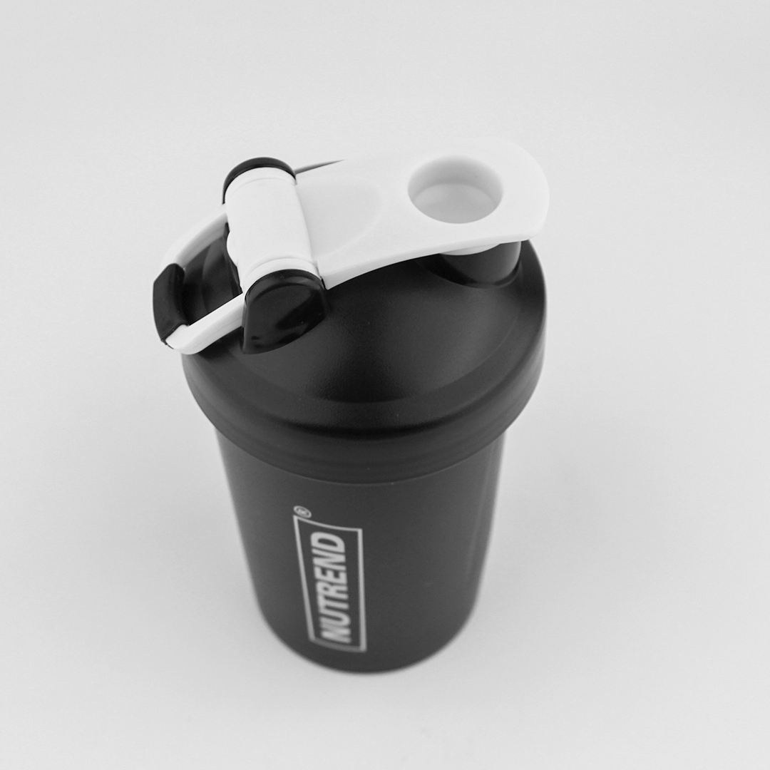 Black plastic water bottle with locked lid for Nutrend