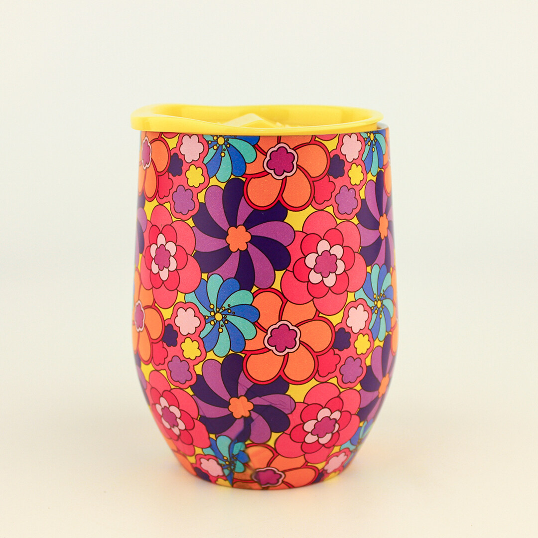 Flower-printed stainless steel cup with yellow cap for Benefit
