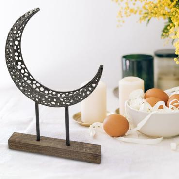 Wooden base metal moon table top decoration