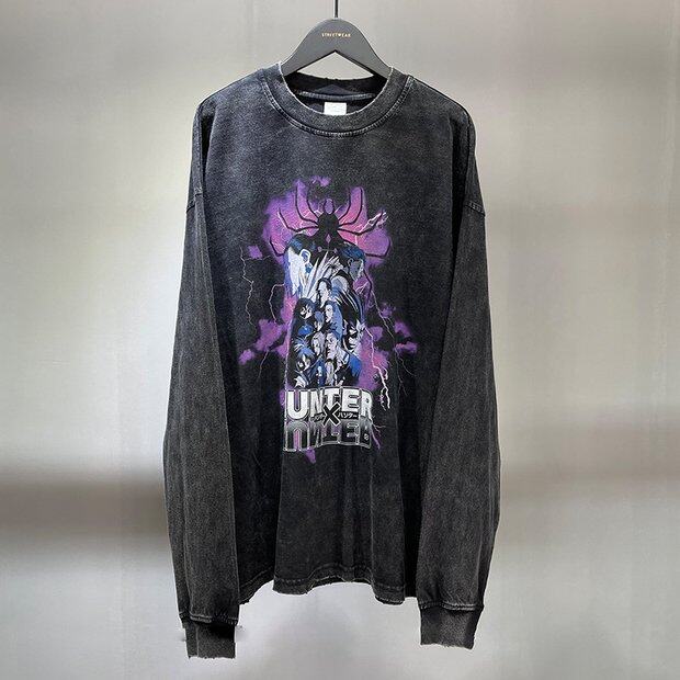 Washed Worn-edge T-shirt Hunter Print Autumn Winter New Long-sleeved Men's T-shirt