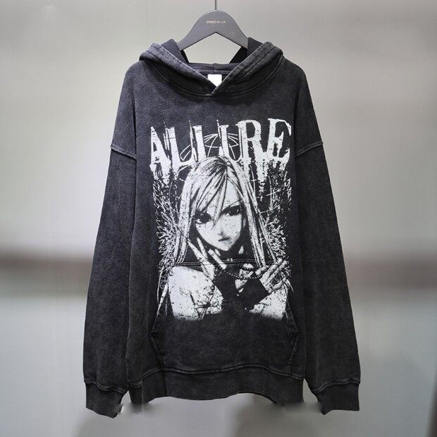 Dark Distressed Washing Cartoon Sweatshirt Terry Hooded Batik Cotton Men's Hoodie