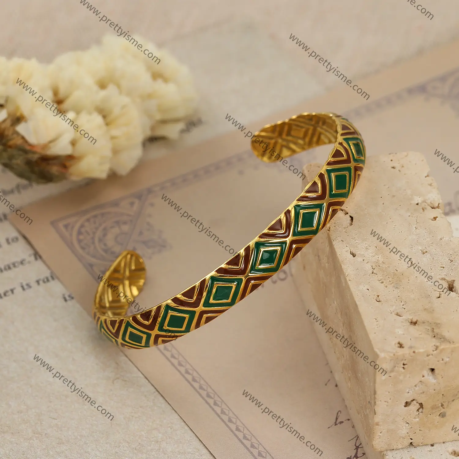 Pretty Is Me Collection Vintage Colorful Texture 18K Gold Vacuum Plated 316L Stainless Steel Enamel Epoxy Open Bangle Women (4).webp