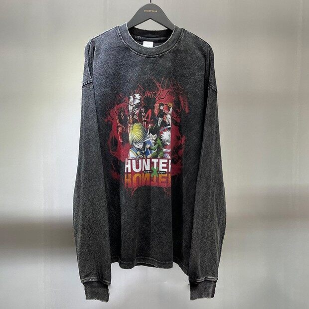 Vintage Black Frayed Edge Ruined Digital Print T-shirt Loose Long-sleeved Cotton Men's T-shirt