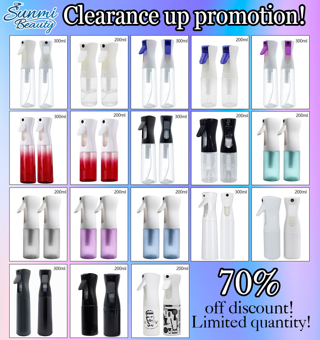 Clearance 200ml 300ml Refillable Fine Mist Empty Trigger Squirt Plastic Continuous Hair Salon Spray Water Bottle With Pump