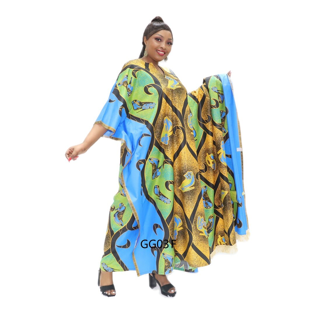 blue and orange african print dress, bazin dress styles