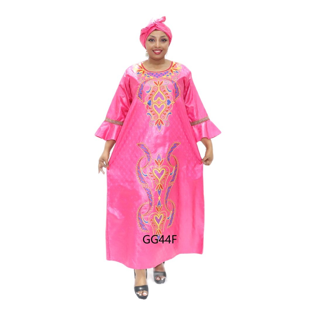 Plus size pink african rich bazin dashiki Midi Dresses 