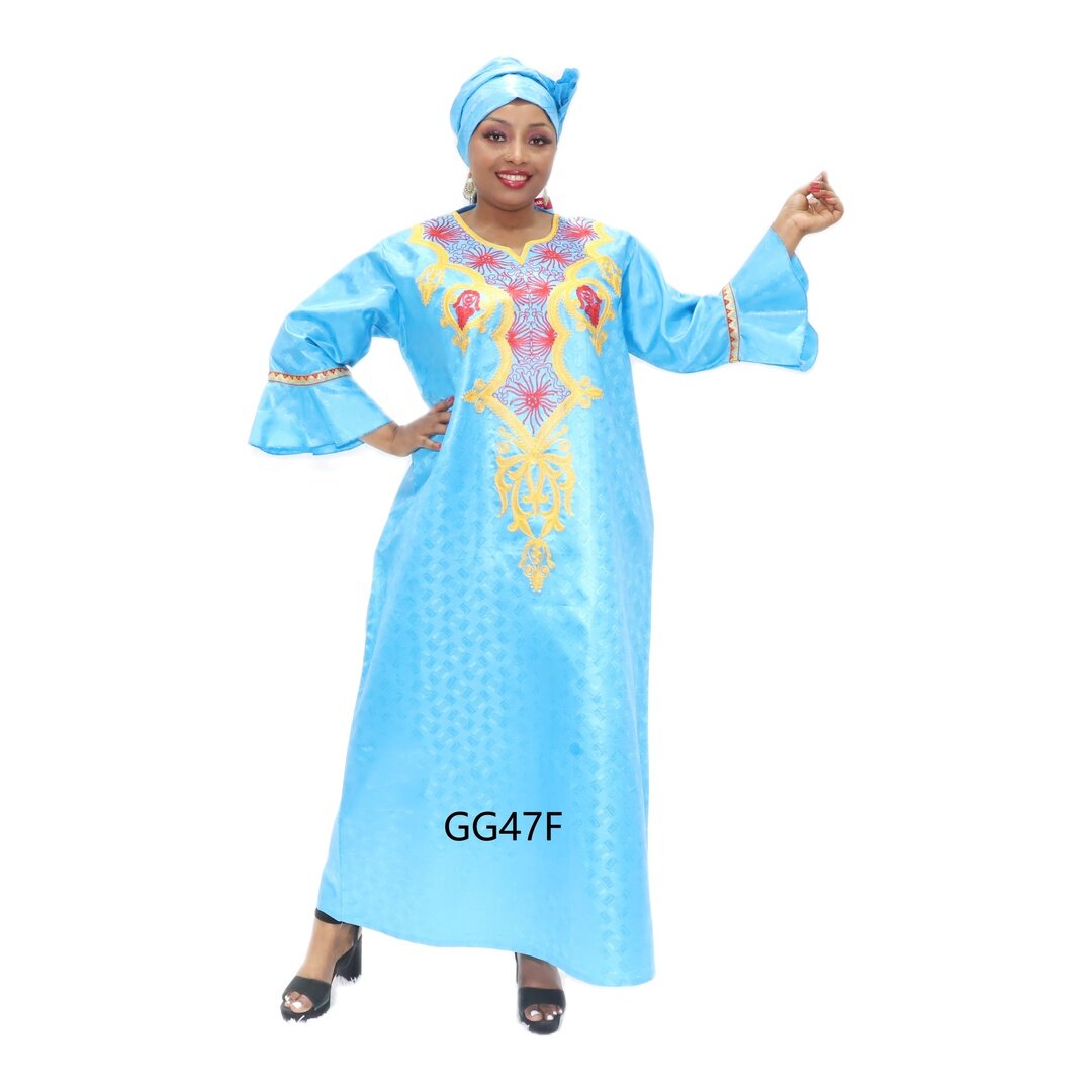 Custom blue dashiki long dress with flared sleeves