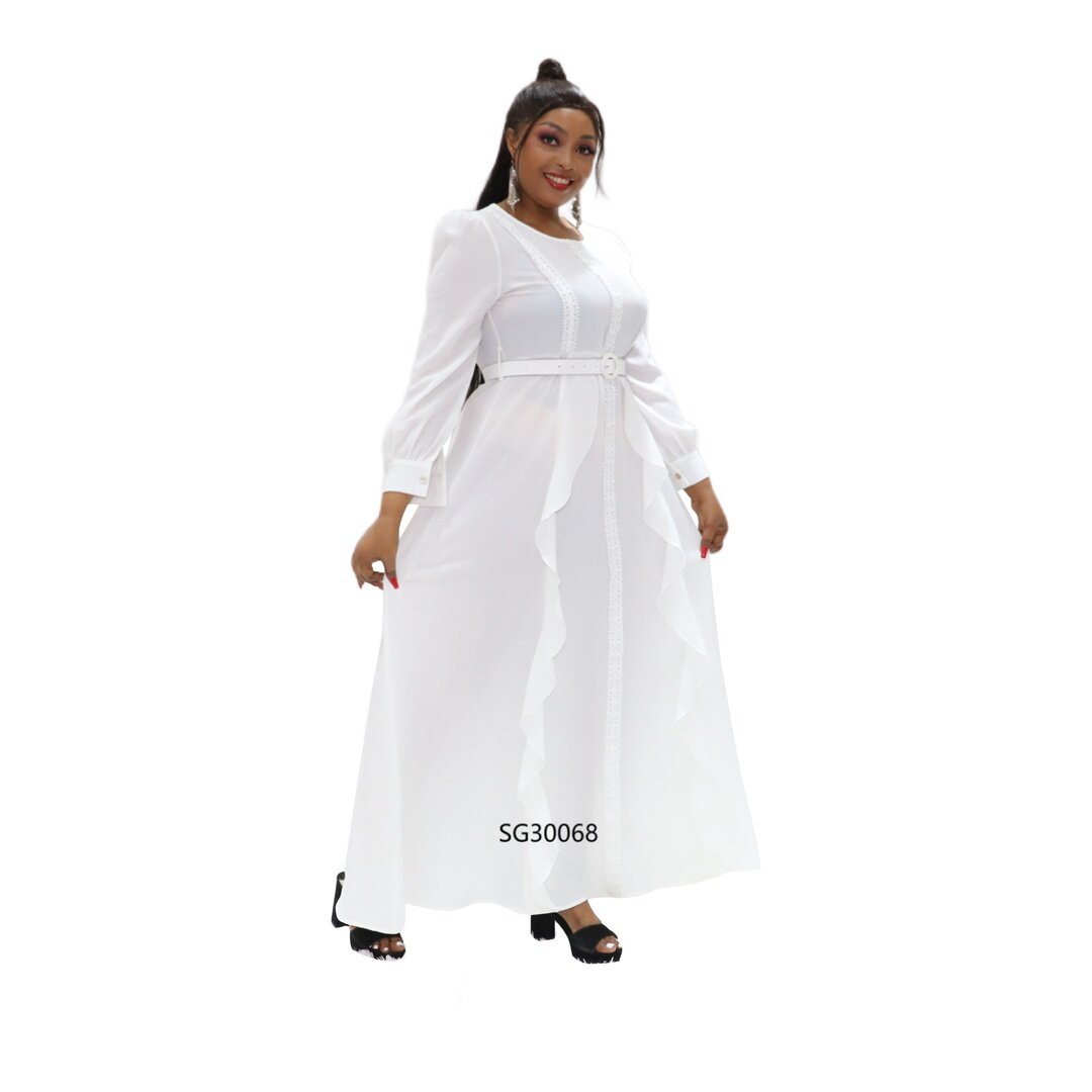 Wholesale south africa white casual long sleeve dresses with belt