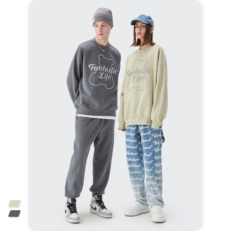 Three-dimensional Embossed Reflective Bear Couple Wear Loose and Velvet Men's Hoodie