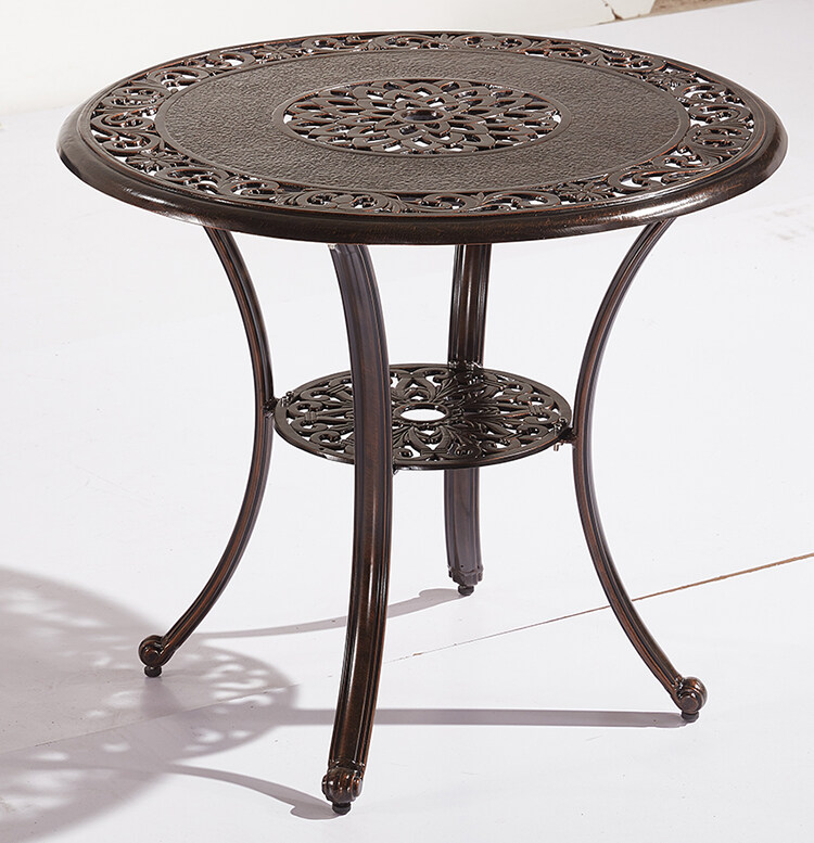 Display of cast aluminum patio coffee table