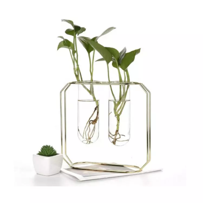 Simple Glass Vases with Metal Frame Cylinder Flower Pots Planter