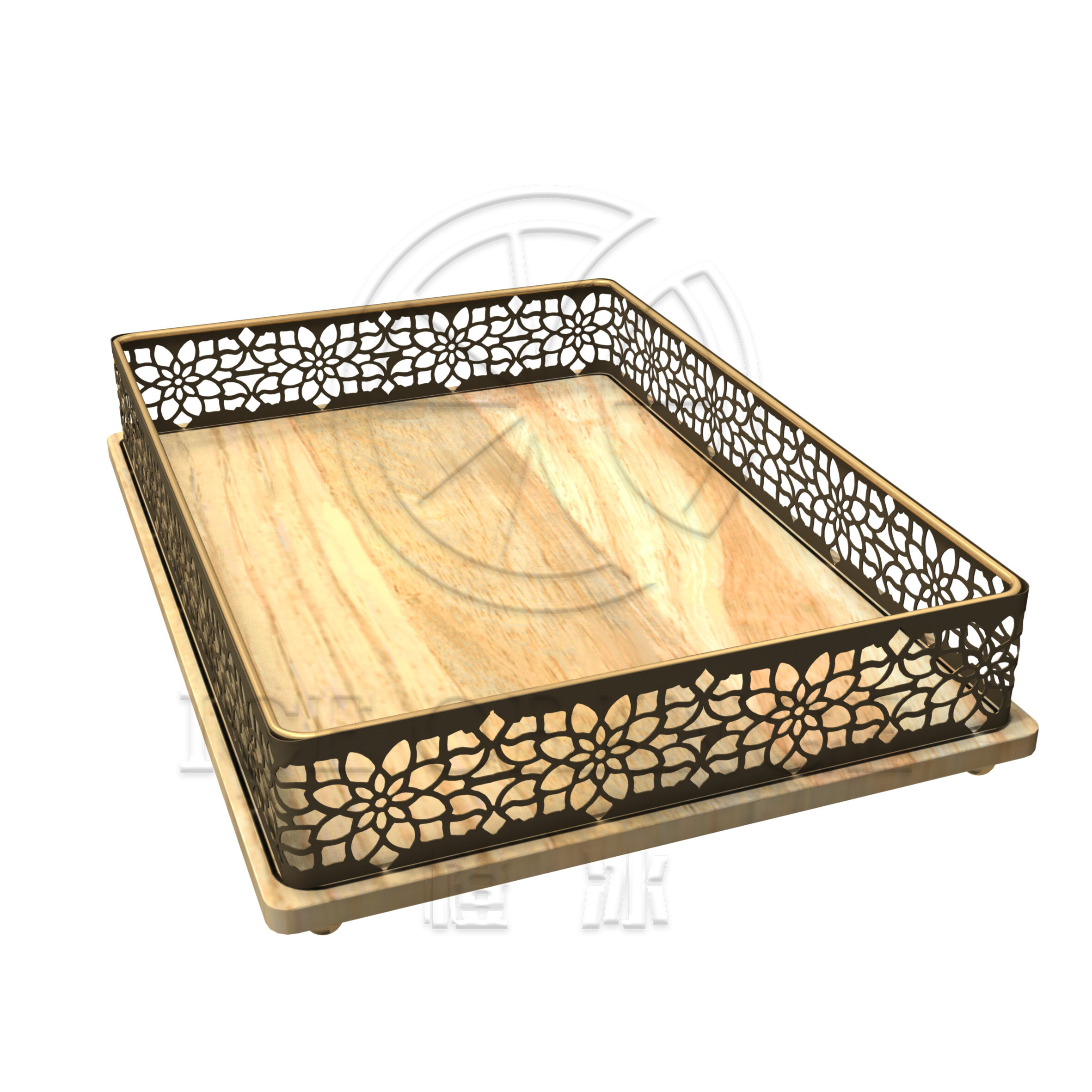 Ramadan Gold Rectangle Wood Storage Serving Tray