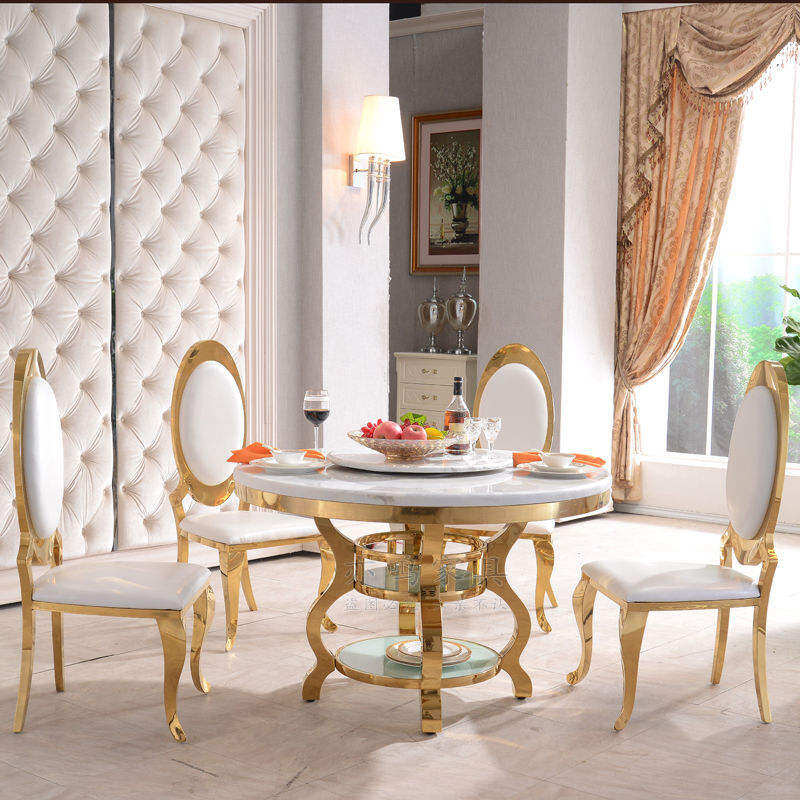 Marble Dining Table White Gold Revolving Round Dining Table Furniture SpringlegroupFurniture