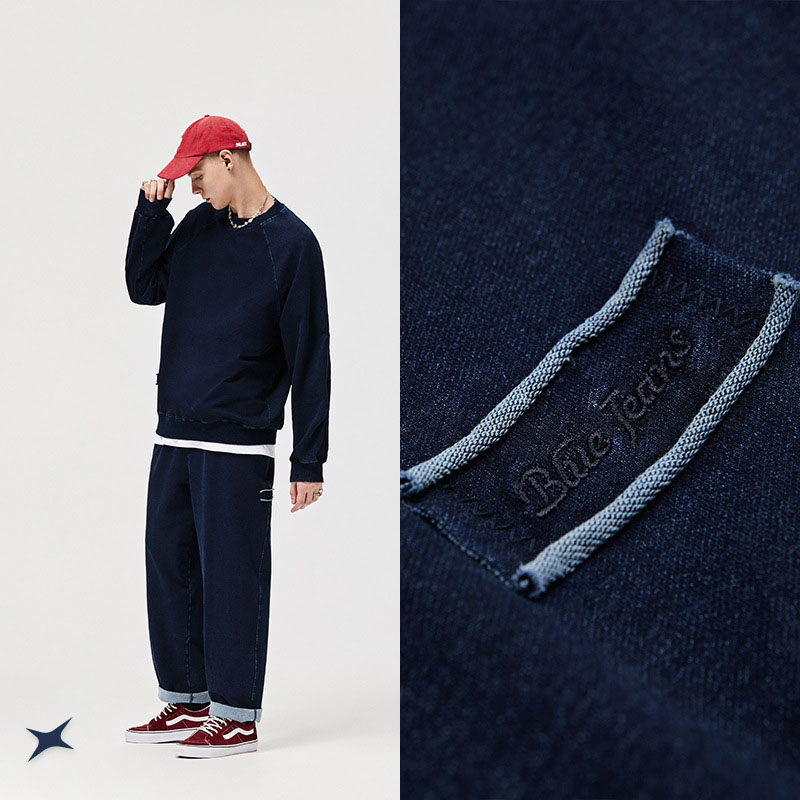 Indigo Dyed Knit Denim Sweatshirt Patch Embroidered Washed Crewneck Men's Hoodie