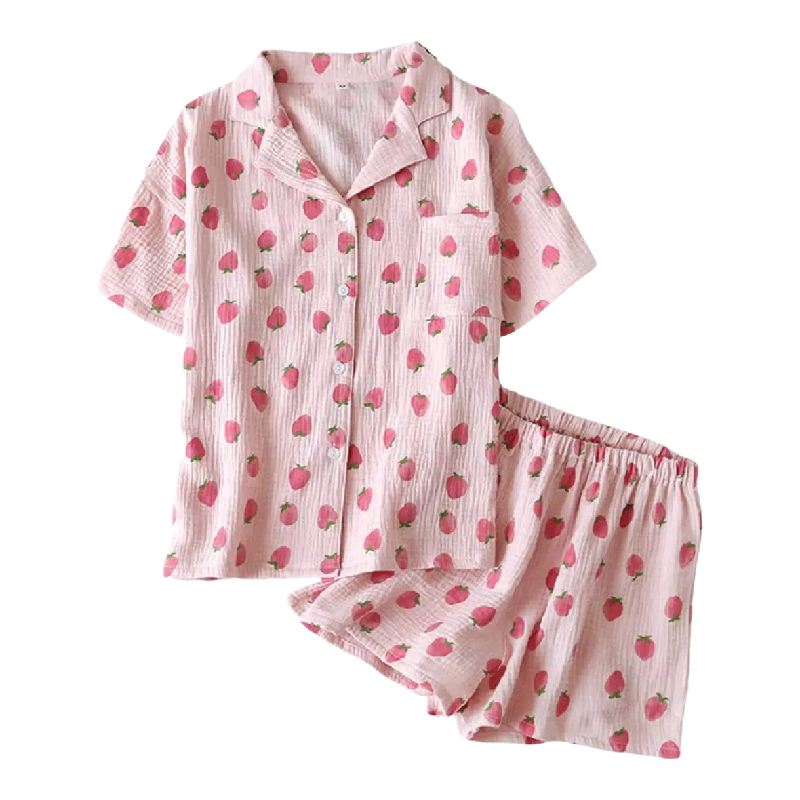 Pink Turn-Down Collar Strawberry Pattern 100% Cotton Women Set Pajamas