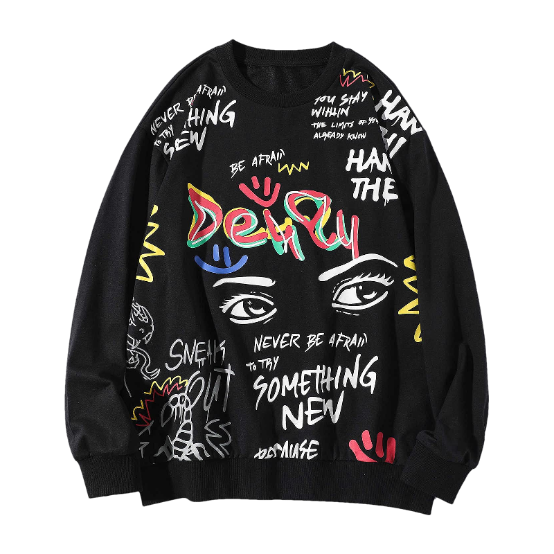 Plus Size Graffiti-Art Spandex Unisex Crewneck Long Sleeve