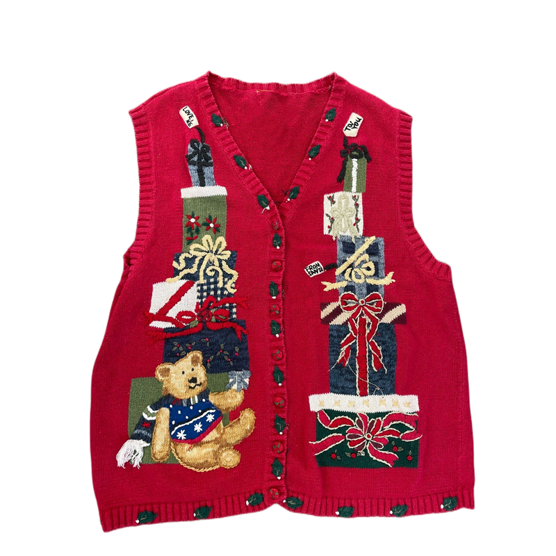 Teddy Bear Embroidery V-Neck Cotton Men Vest Christmas Sweater