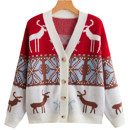 Sleeve Elk Pattern Spliced Woollen Cardigan Christmas Sweater