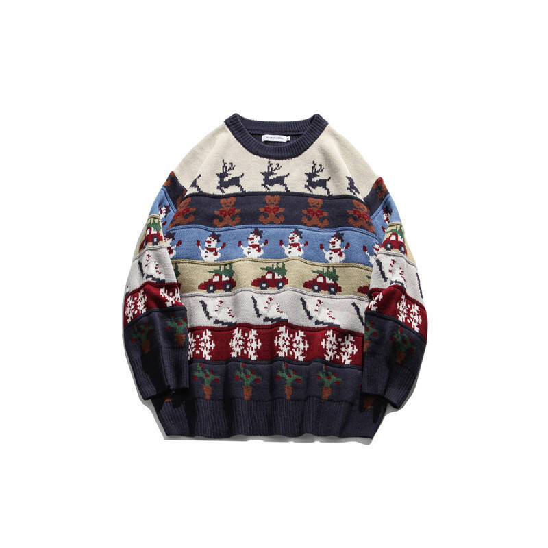 Jacquard Color Blocking Cartoon Cotton Men Pullover Christmas Sweater