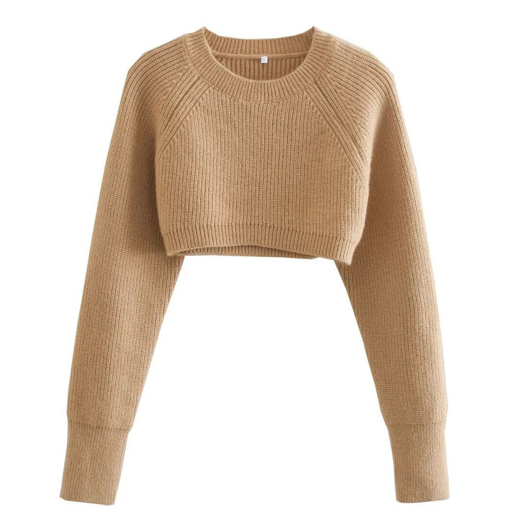 Hand Driven Crew Neck Solid Pure Cotton Women Cropped Sweater
