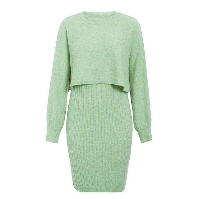 O-Neck Long Sleeve Ribbed Knit Fleece Women Sweater Set