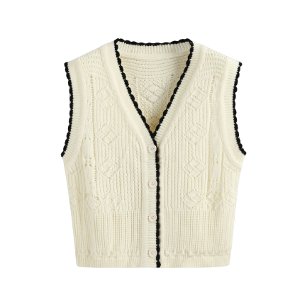 V-Neck Solid Argyle Ribbed Knit Spandex Women Vest Sweater