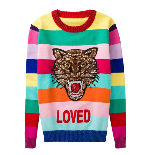 Wholesale Thick Striped Animal Embroidery Women Pullover Sweater