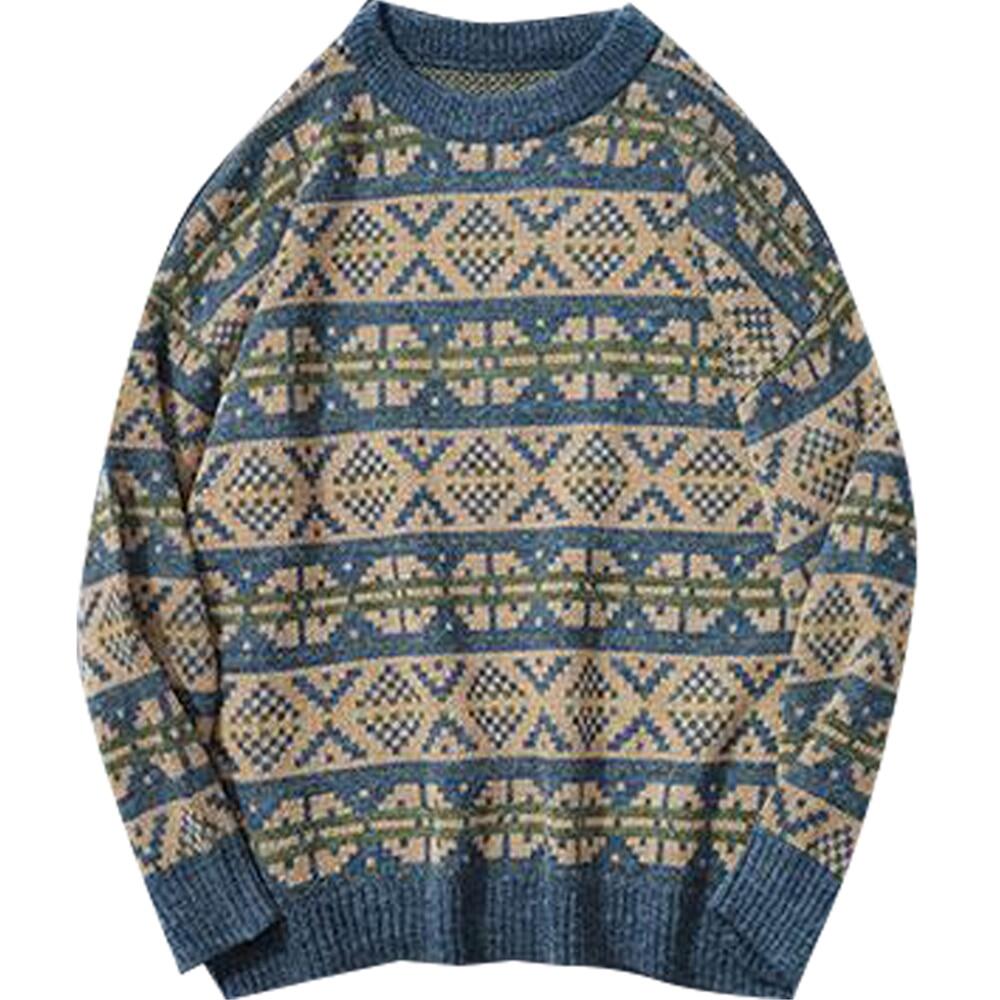 Crew Neck Long Sleeve Jacquard Chunky Knit Men Cashmere Sweater