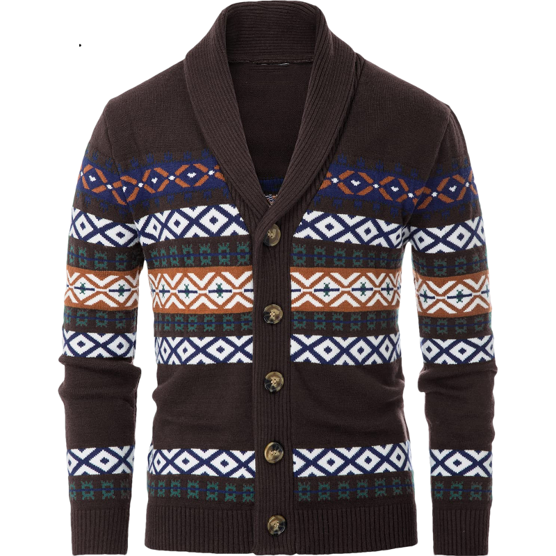 Turn-Down Collar Geometric Fringe Pattern Men Cardigan Sweater
