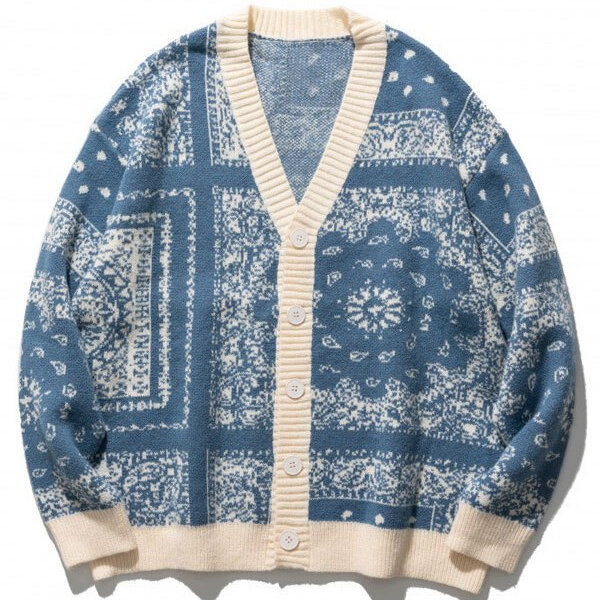 V-Neck Placket Totem Pattern Cotton Men Cardigan Sweater