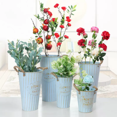 Set of 3 Blue Galvanized Flower Pots with Rope Handle
