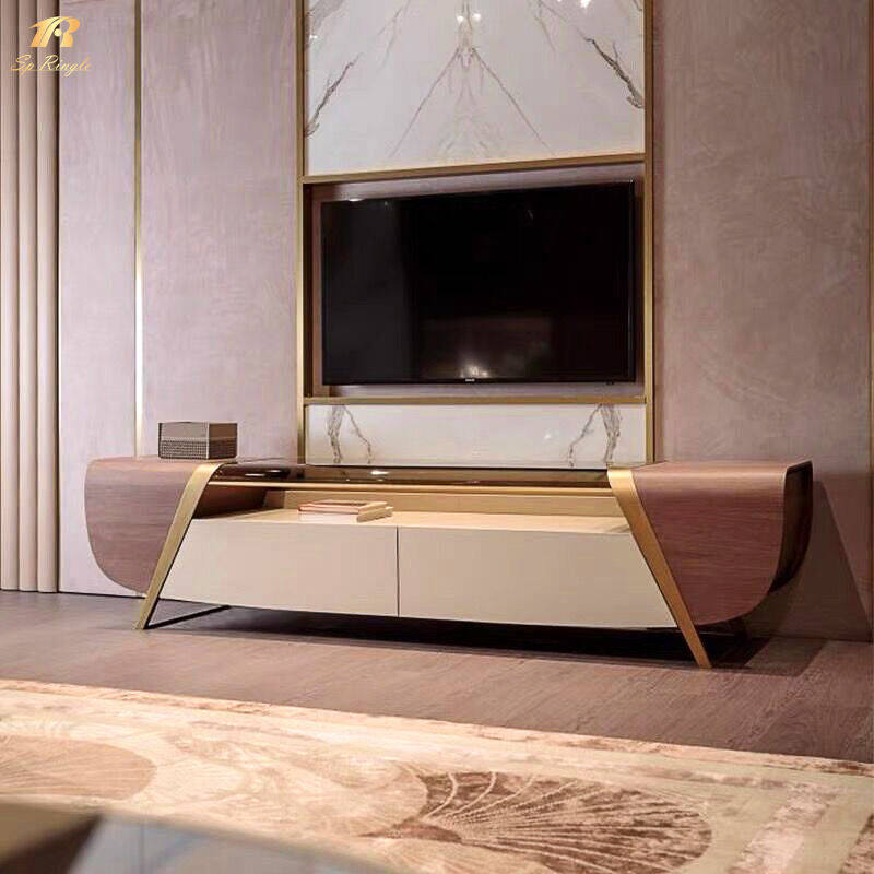 Morden TV Stand Metal Luxury თეთრი და ოქროს გრძელვადიანი მინის ტელევიზორი სტენდი მორგებული SpringleGroupfurniture