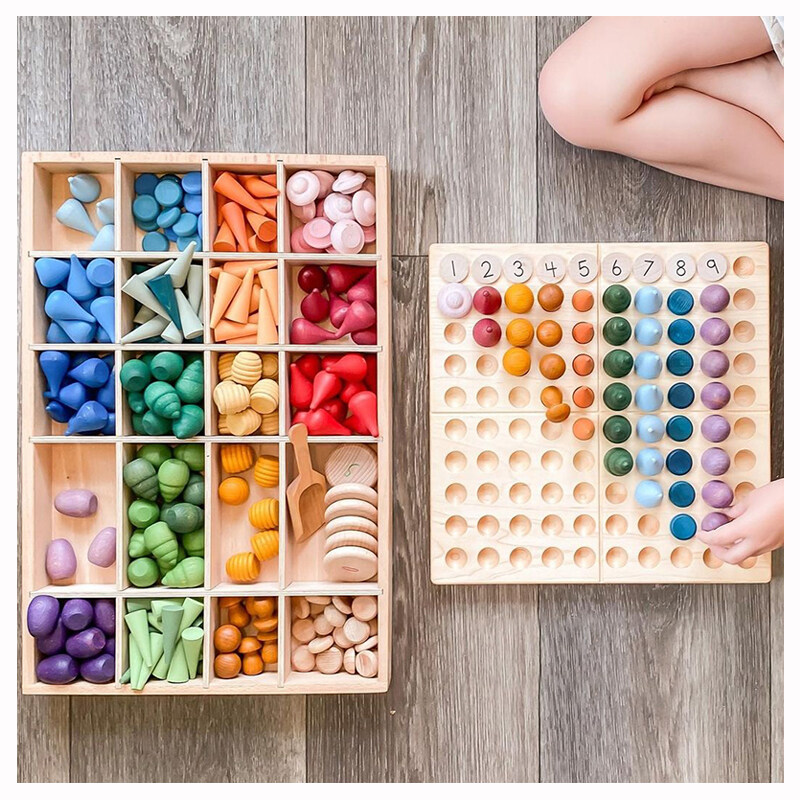 DIY Puzzle Toys Building Blocks Educational Loose Parts kids Wooden Rainbow Stack Blocks Tree Cones Droplets Honeycomb Mushroom
