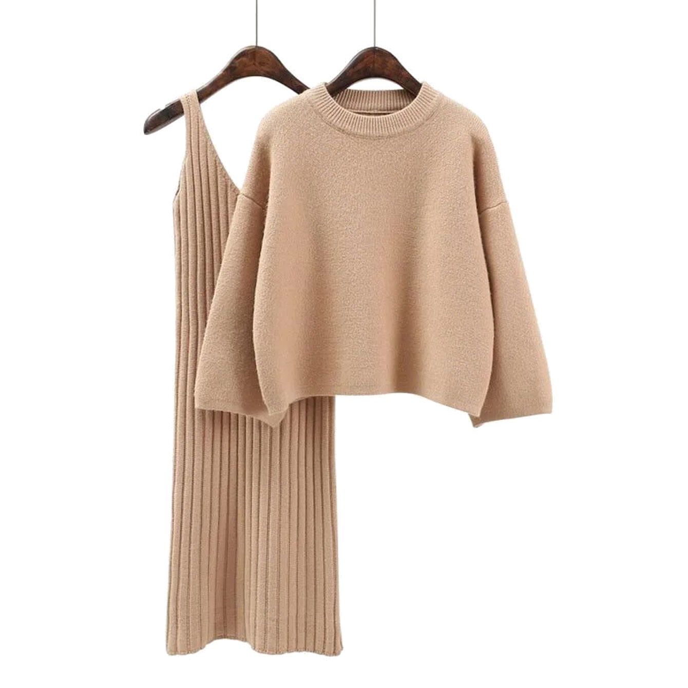 Wholesale Long Sleeve Ribbed Knit Woollen Women Sweater Set