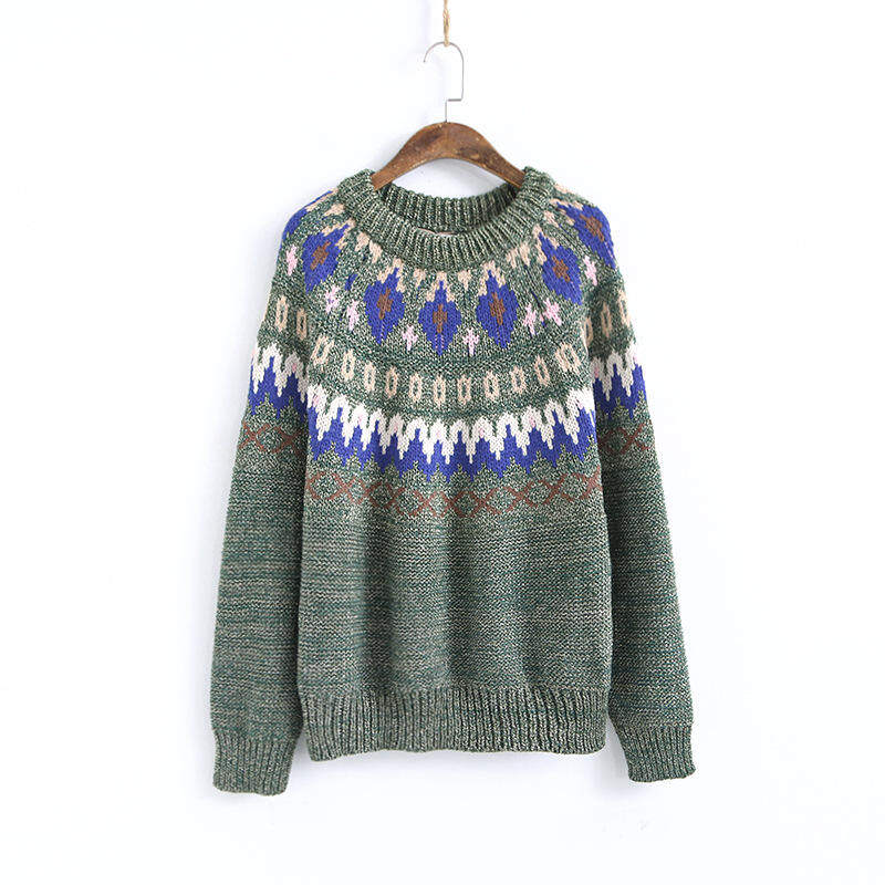 OEM Geometric Plaid Ribbed Knit Women Pullover Sweater