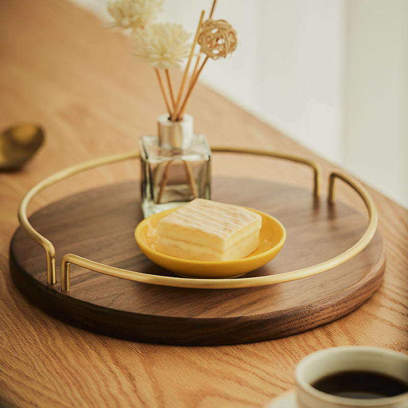 Desktop Decorative Tray.,Desktop Decoration,home decoration,golden metal iron handles,round wooden tray