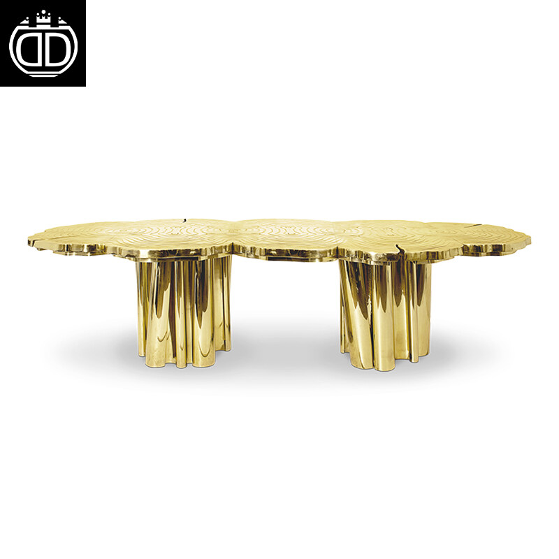 Gold Italian Luxury Genuine Leather Classic Villa Dinning Table Set
