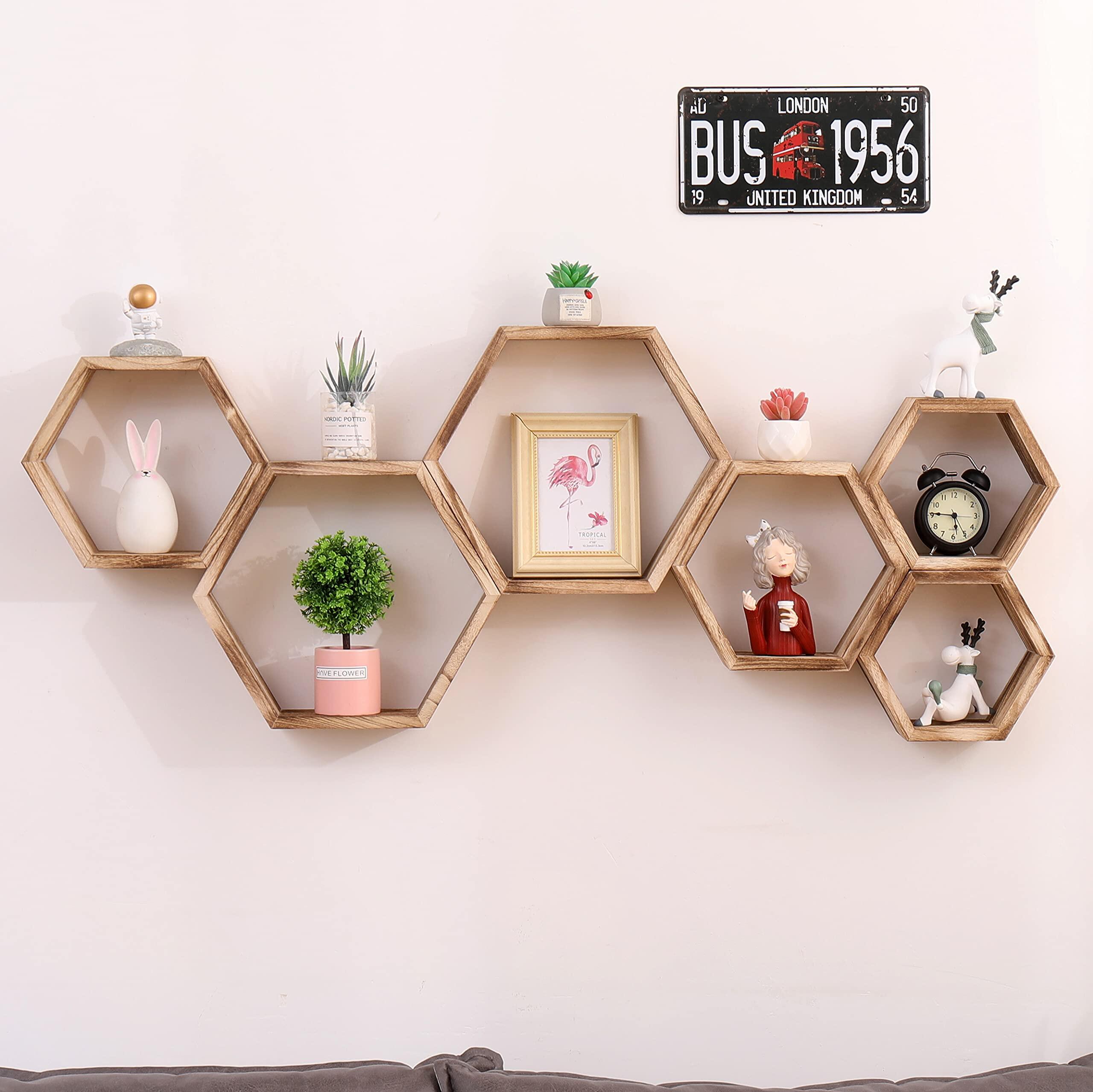 Home decor Bohemian Frame hanging Mounted Storage floating wood hexagon wall shelf
