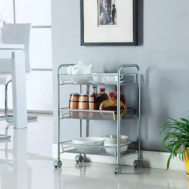 multi-function cart,movable basket,kitchen cart,silver rolling service trolley,multi-purpose floor storage trolley