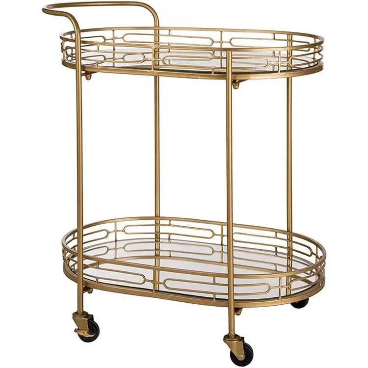 Gold Oval 2-Tier Mirror Glass Top Metal Serving Trolley
