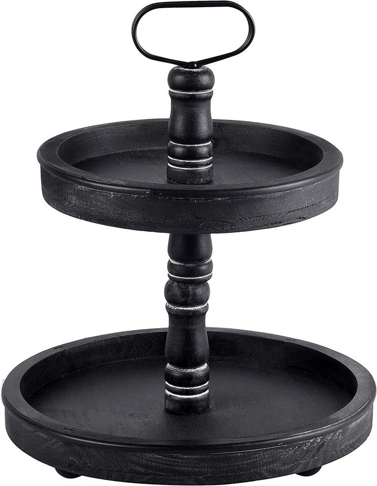 Black Wood Cake Stand 2 Tiers Storage Tray with Handles