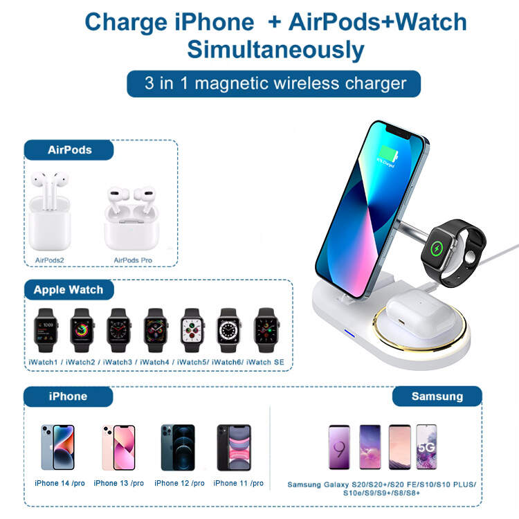 15W 3in1 foldable magsafe wireless charger phones+Airpods+iWatch with LED light