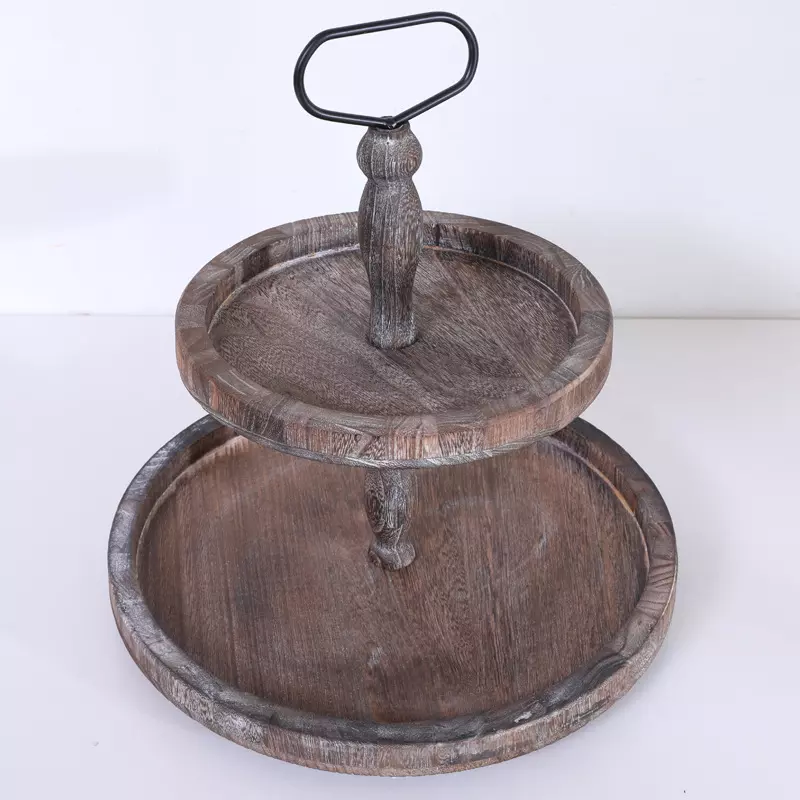 2 Tiers Wood Round Tray with Metal Handle