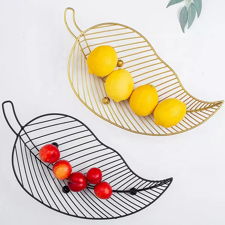 Iron Black and Gold Leaf Shape Tabletop Fruit Storage Baskets