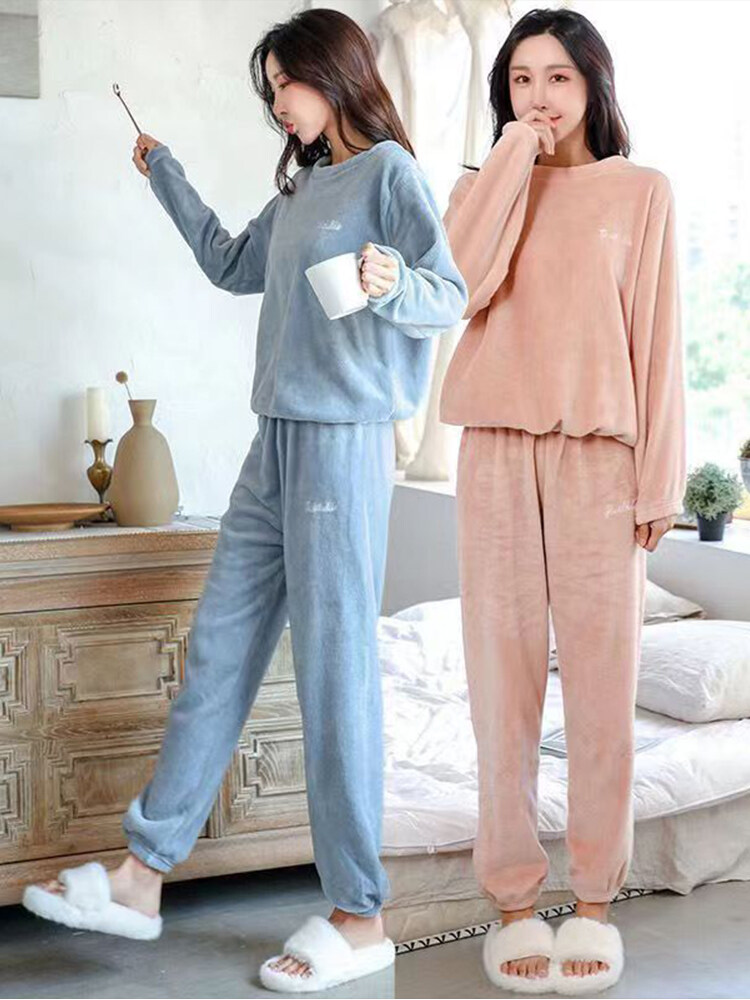 Women's Winter Thick Coral Fleece Pajamas Pants Loose Large Size Loungewear Pajama Set