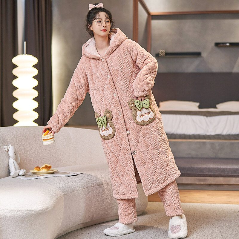 Pink Thickened Hooded Nightgown Flannel Women Paiamas Pants Sets