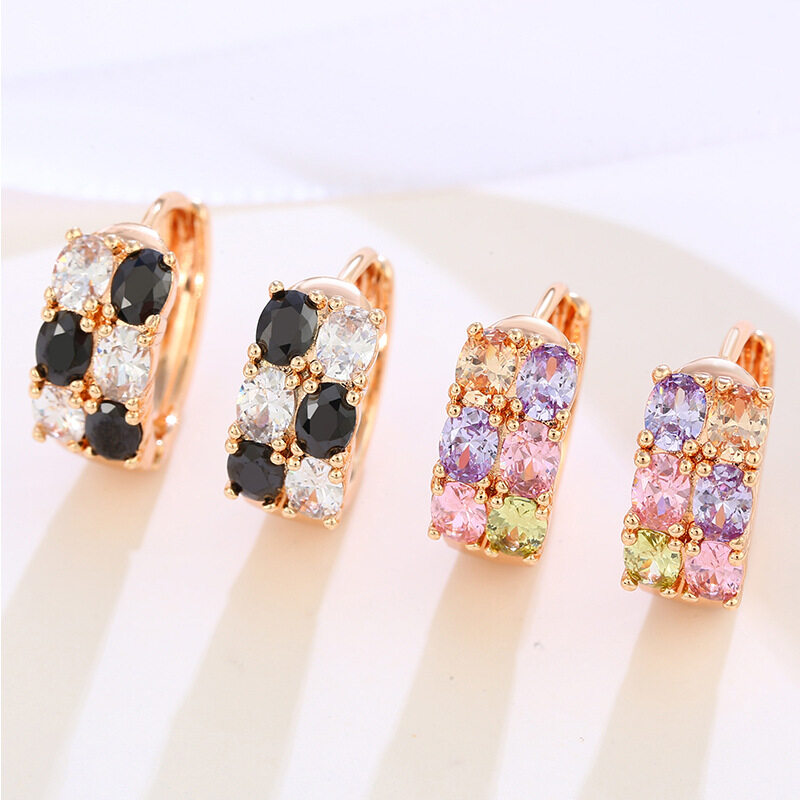 18K Gold Plated Vintage Colorful CZ Stone Setting Ins Stud Earrings