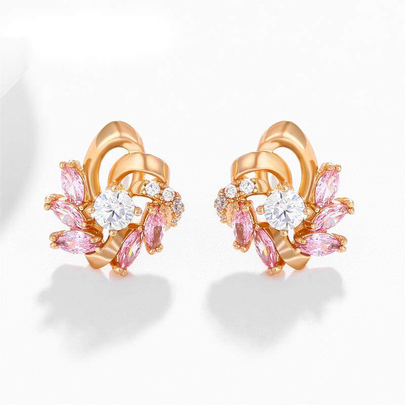 Luxury 18K Gold Plated Vintage Pink Zircon Stone Setting Ins Flower Stud Earrings