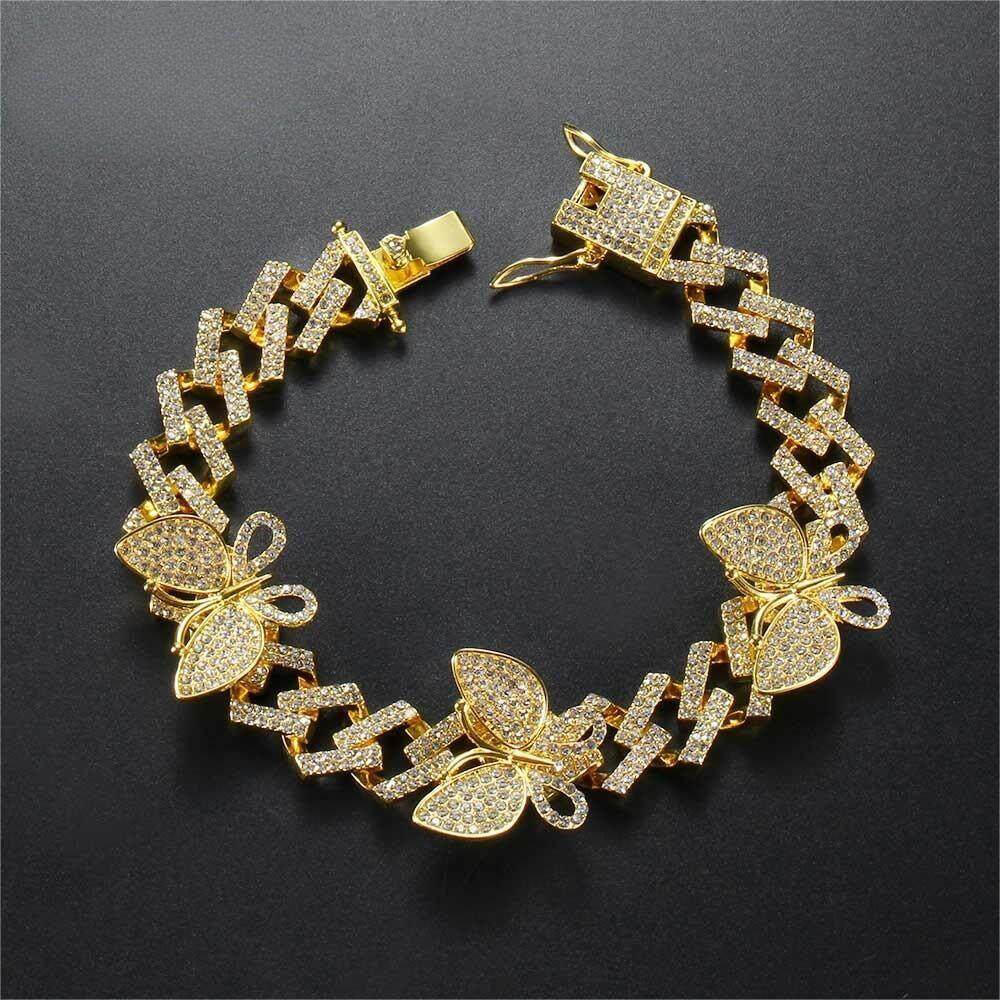 Punk Style 18K Gold Plated Hip Hop Chain Full CZ Pave Setting Cubic Zirconia Cuban Chain Butterfly Bracelet Hiphop Jewelry